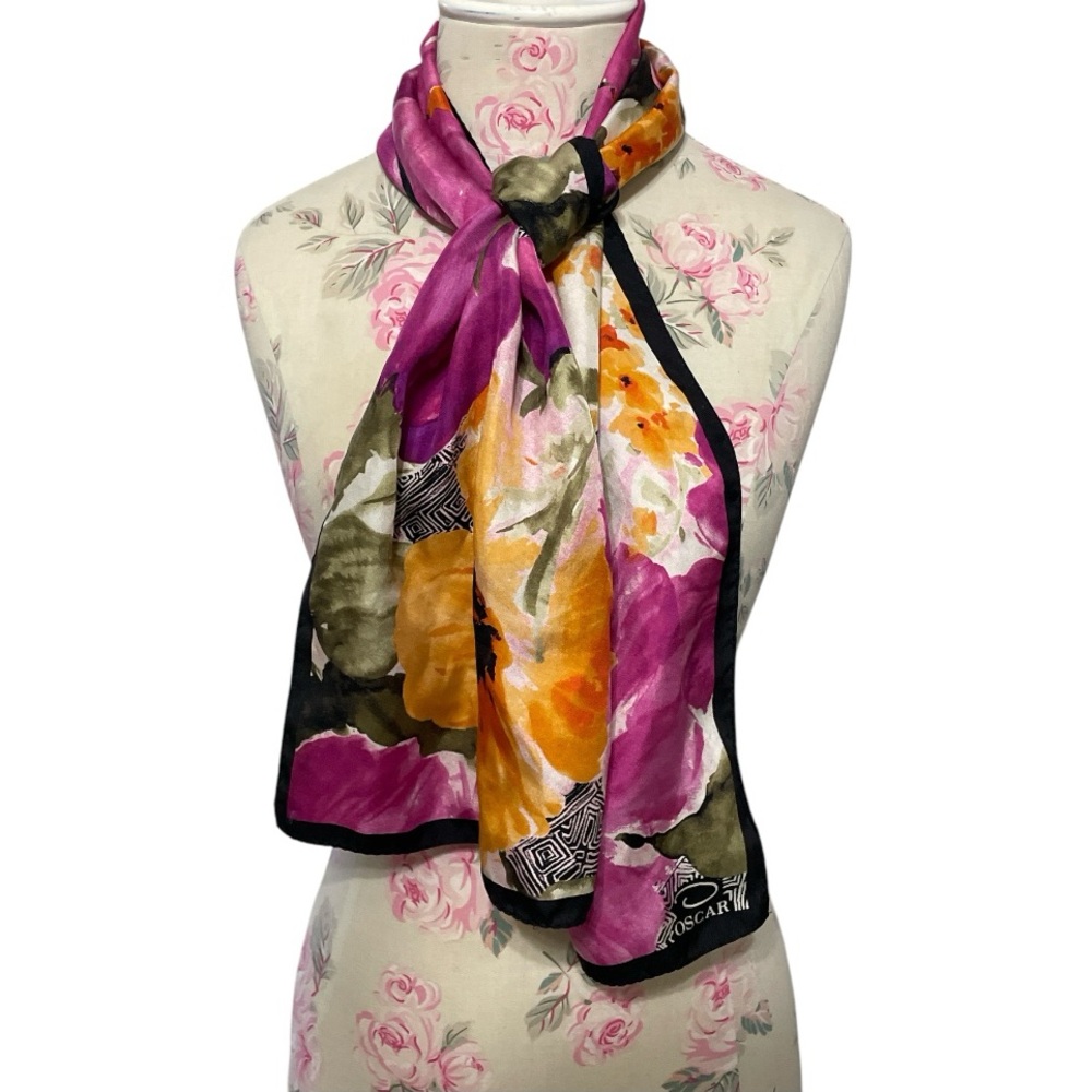 Oscar de la Renta Silk Floral Scarf in Purple, Yellow, Green, Black
